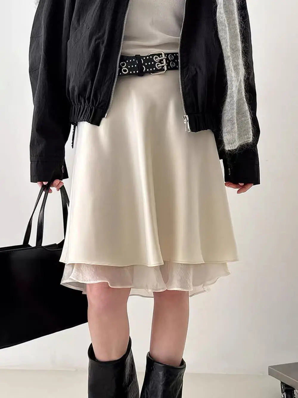 Elegant Satin Women Skirts Solid Zipper Faldas Mujer Ladies Double-layer Casual Chic Black White Dot Mini Skirt Korean Summer