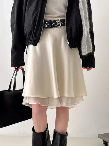 Elegant Satin Women Skirts Solid Zipper Faldas Mujer Ladies Double-layer Casual Chic Black White Dot Mini Skirt Korean Summer