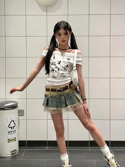 Summer Women Japanese Y2k Kpop 2000s Aesthetic Mini Denim Patchwork Skirt Chic Shoujo Design Party Gyaru Coquette Korean Fashion
