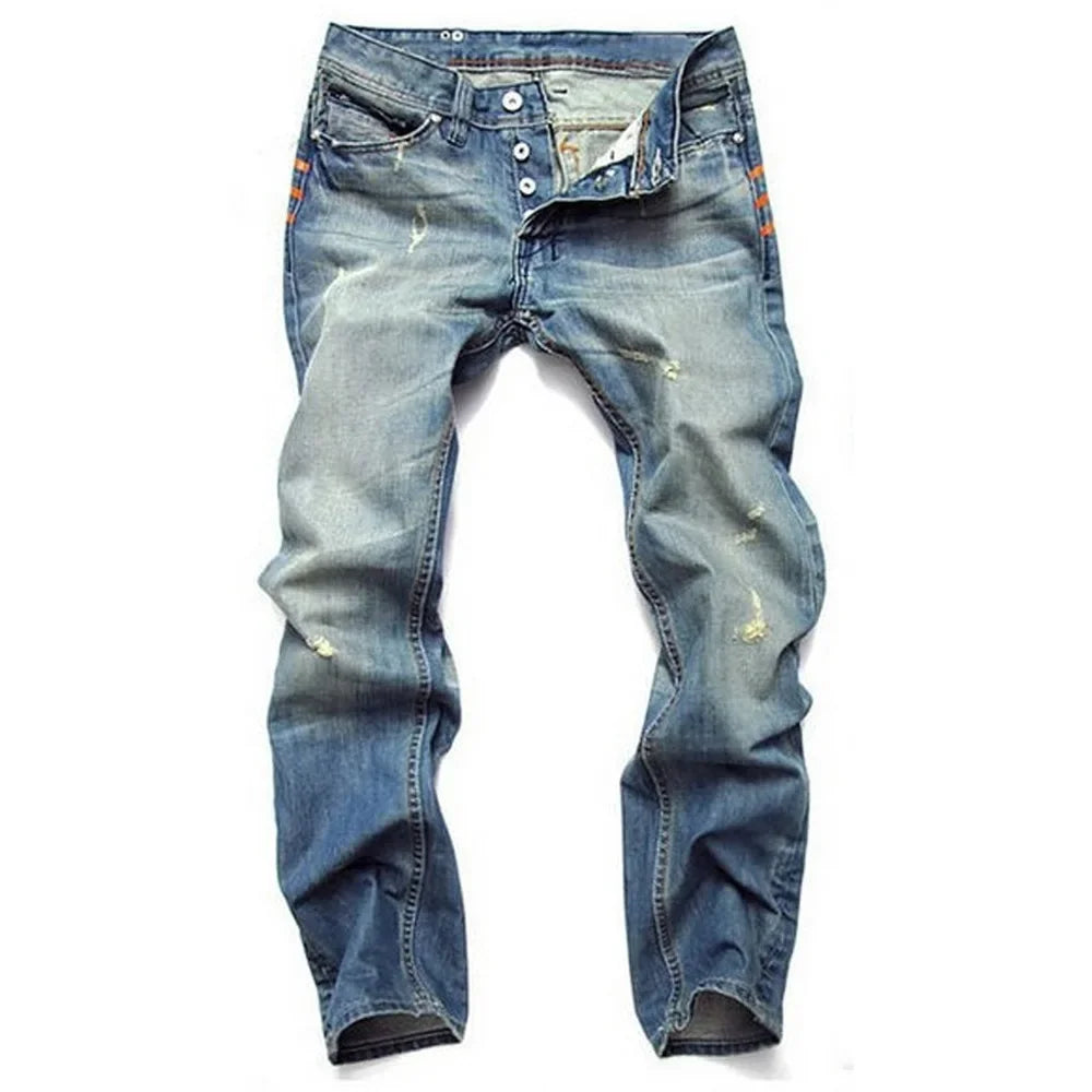 Vintage Straight-Leg Slim Fit Men's Jeans With Buttoning Casual Style Dark Blue Stretchy Comfortable Fit For All Seasons