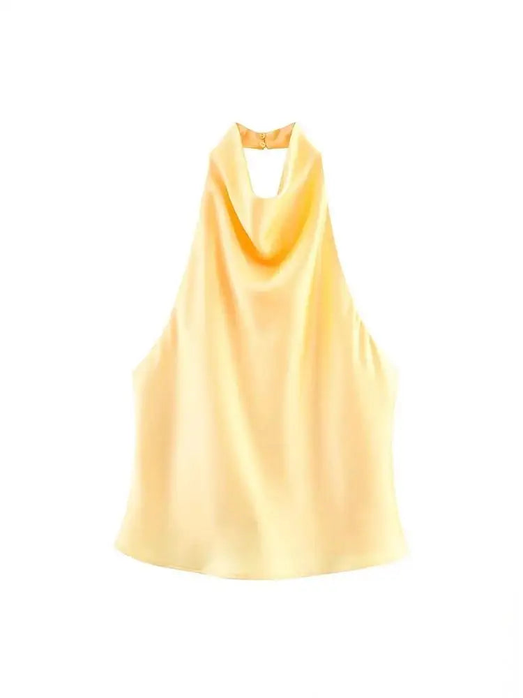 Sexy Chic Butter Yellow Satin Tops Women Halter Backless Beach Holiday Party Top Fashion 2025 New Year Evening Satin Top