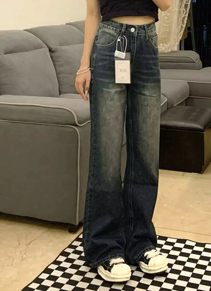 Y2K Retro Micro Denim Pants For Women Straight Fit Spring-autumn Style Pear-shaped Figure Large Size High Waist Slimming Effect