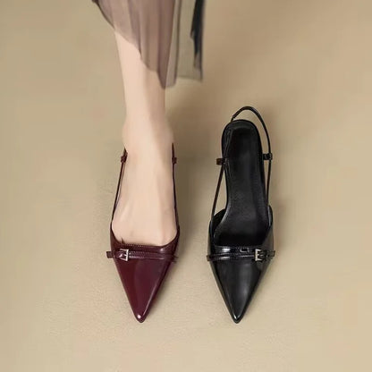 2025 French Pointed Sandals Burgundy Patent Crisscross Straps Metal Decor Slim Heel Open-Back Fairy Sandals