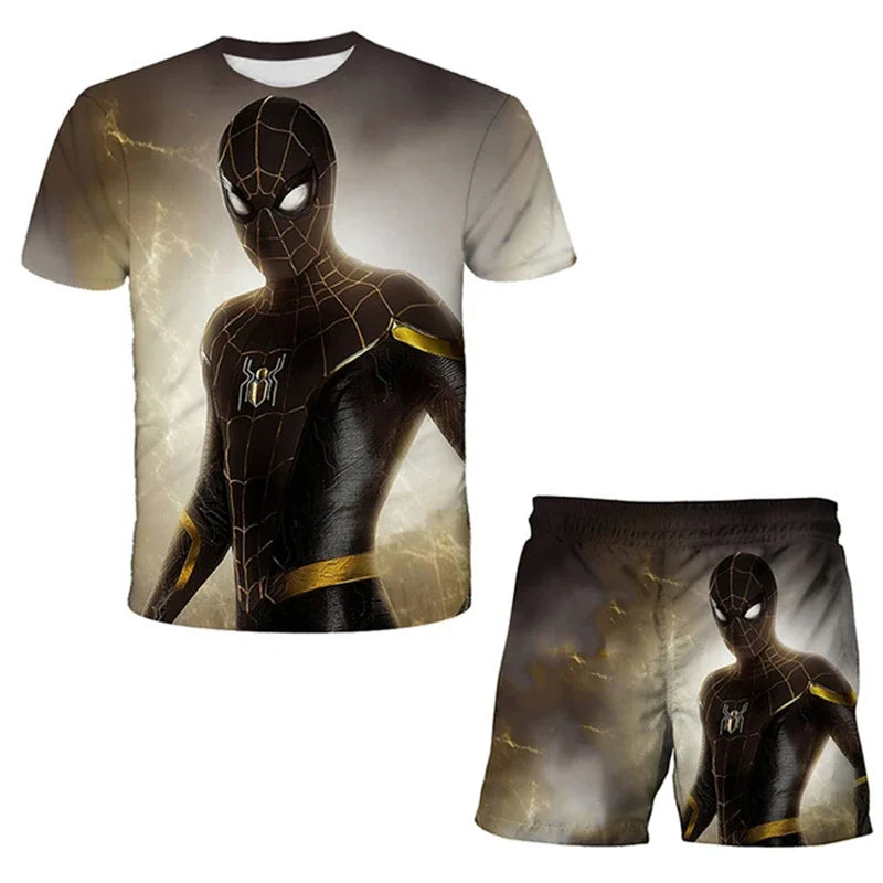 Kids Summer Tshirt Set Boys Spider-Man Trendy 2 Piece Hulk Iron Man Spiderman Outfit
