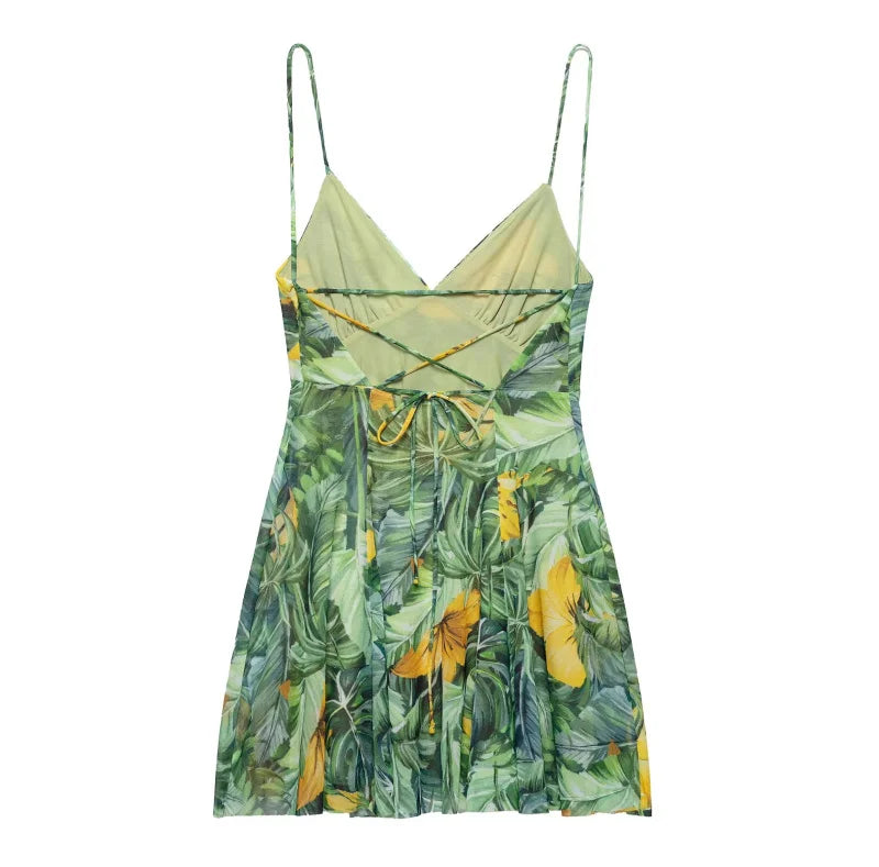Women's vacation Style printed silk mesh sexy V-neck halter short Dress Hot Girl Dress