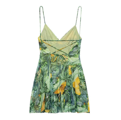 Women's vacation Style printed silk mesh sexy V-neck halter short Dress Hot Girl Dress