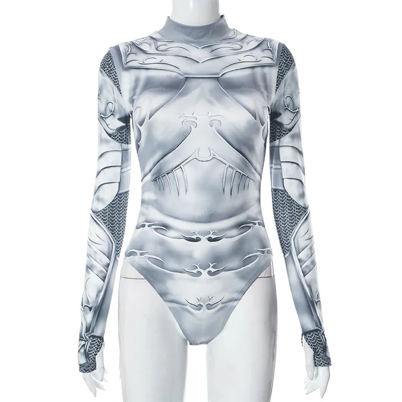 Printed Skinny Sexy Bodysuit Lingerie Gray One-pieces Bustier Long Sleeve Corset Top Streetwear Fashion Trends Women Clothing