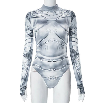 Printed Skinny Sexy Bodysuit Lingerie Gray One-pieces Bustier Long Sleeve Corset Top Streetwear Fashion Trends Women Clothing