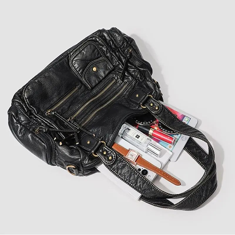 Y2K Hot Women's Punk Biker Tote Bag Large Capacity PU Leather Crossbody Purse with Multi Pockets for Work Commute Moto Style