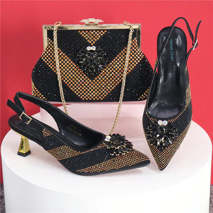 Italian Design Rhinestone Luxury Green Colour Pointed Toe Shoe & Bag Set Women's High Heels for Parties High Quality