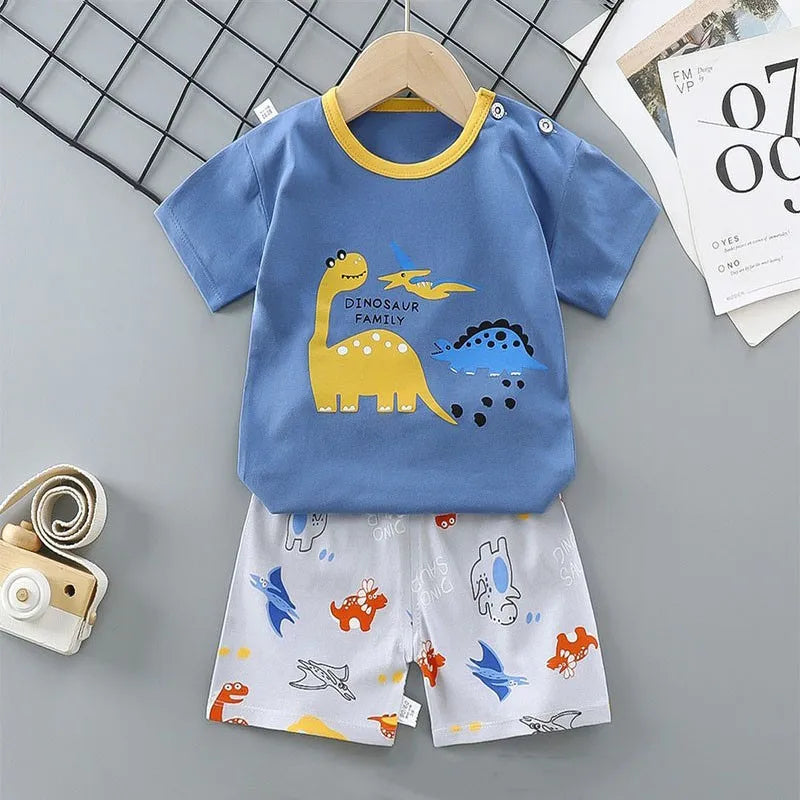 Kids Boys Short Sleeves Tees+Shorts 2-piece Clothes Set Cartoon Dinosaur Bear Summer Girls Soft Cotton Sports Casual Suit 1-6 Y
