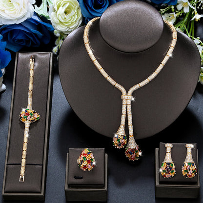 Luxury Bridal Jewelry Set Nigeria Design Cubic Zirconia Large Necklace Earrings Women's Wedding Accessory