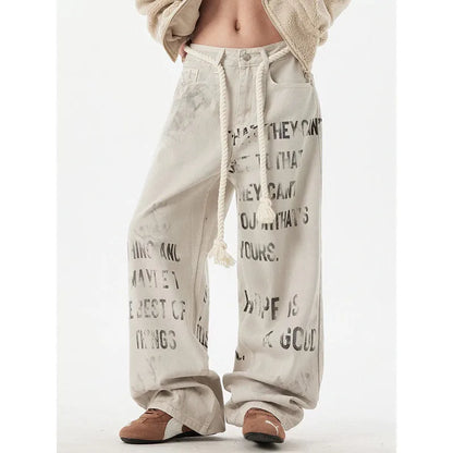 Spring 2025 Graffiti Apricot Jeans Women Y2K Vintage High Waisted Jeans Straight Streetwear Loose Large Wide Leg Denim Pants