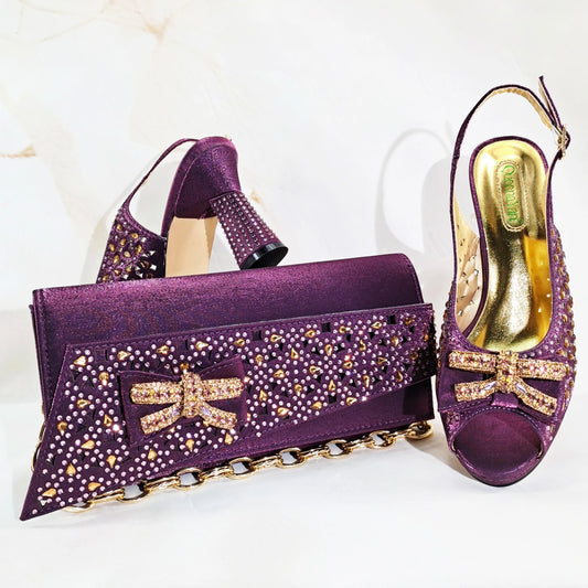 Elegant Mature Style Purple Rhinestone Design Women's Peep Toe High Heels With Matching Handbag Set for Party Wedding or Wokr