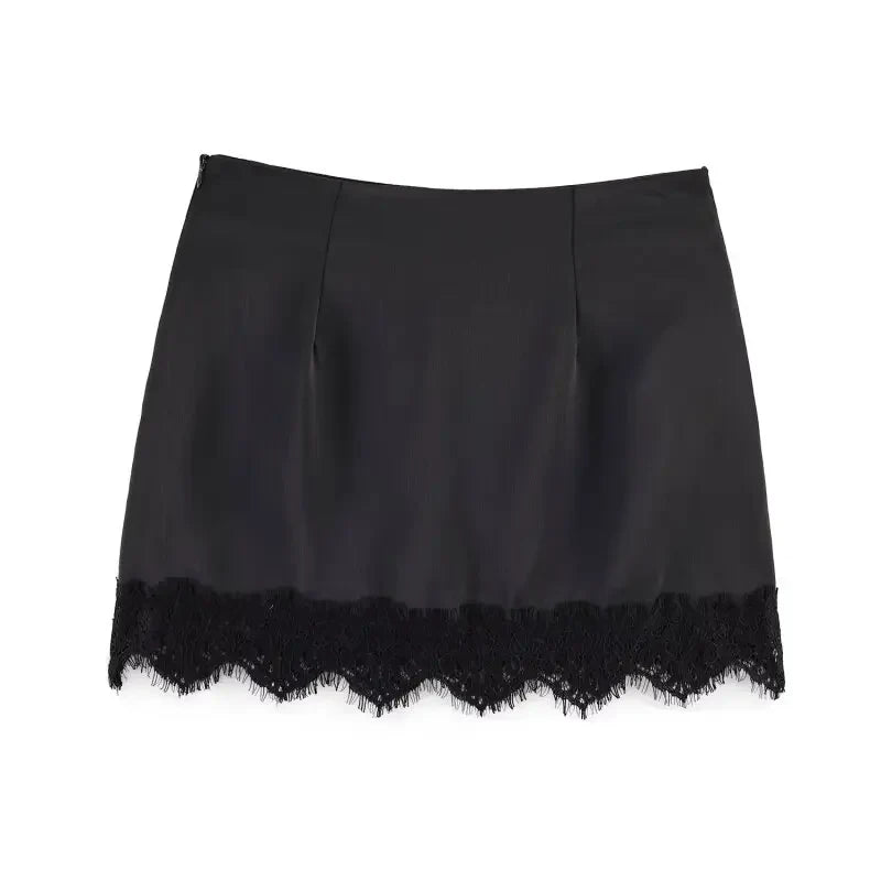 Summer Women Elegant Satin Silk Lace Fringe Mini Skirt High Waist Slim Anti-light Safety Bottoming Half Slip Underskirt 3 Colors