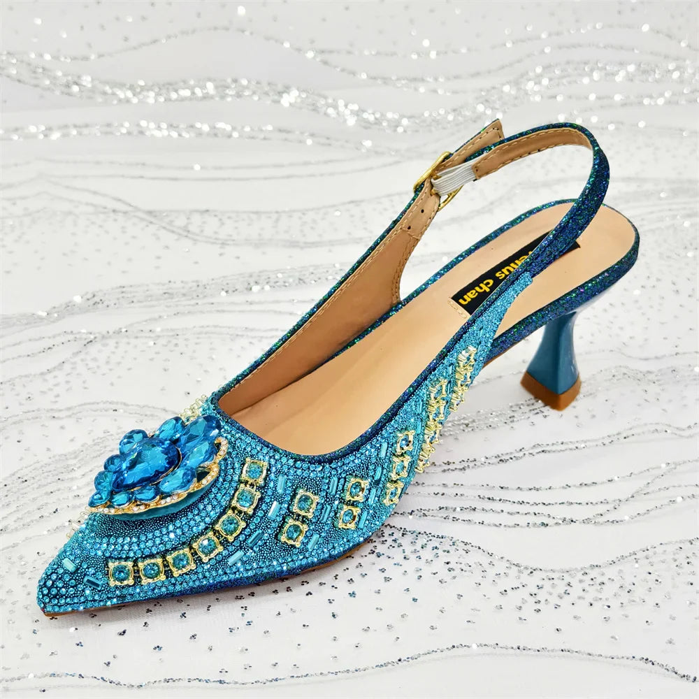 Italian Butter-fly Design Party Wedding Pointed Toe Slingback Sandals with Bag Set in Sky Blue Color
