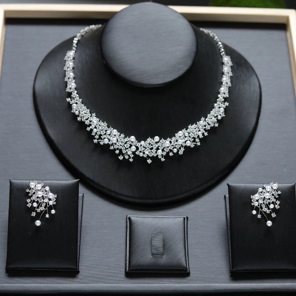 Fashion Pearl Necklace Sets High Quality 3A Cubic Zirconia Jewelry Set Dubai Dinner Party Accessories Engagement Gift