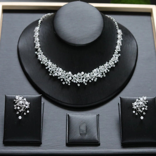 Fashion Pearl Necklace Sets High Quality 3A Cubic Zirconia Jewelry Set Dubai Dinner Party Accessories Engagement Gift