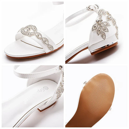 Summer new 2-cm square-heeled silk ribbon pearl rhinestone low-heeled wedding shoes beaded lace-up flat large-size women sandals