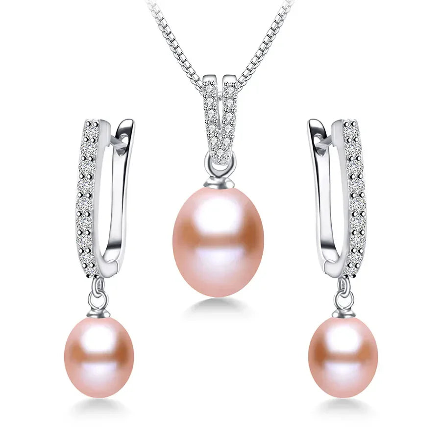 Horseshoe 8-9mm Rice Freshwater Pearl Earrings&Necklaces Jewelry Set for Women 925 Sterling Silver 45cm Pendant Necklace