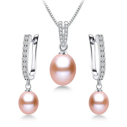 Horseshoe 8-9mm Rice Freshwater Pearl Earrings&Necklaces Jewelry Set for Women 925 Sterling Silver 45cm Pendant Necklace