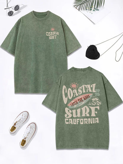 Surf Catch The Wave California Prints Washed T-Shirt Women Cotton Oversize Tops Distressed O-Neck T Shirt Summer Clothes