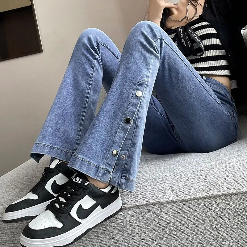 Y2K Casual Solid Slim Elastic Wash  Denim Pants