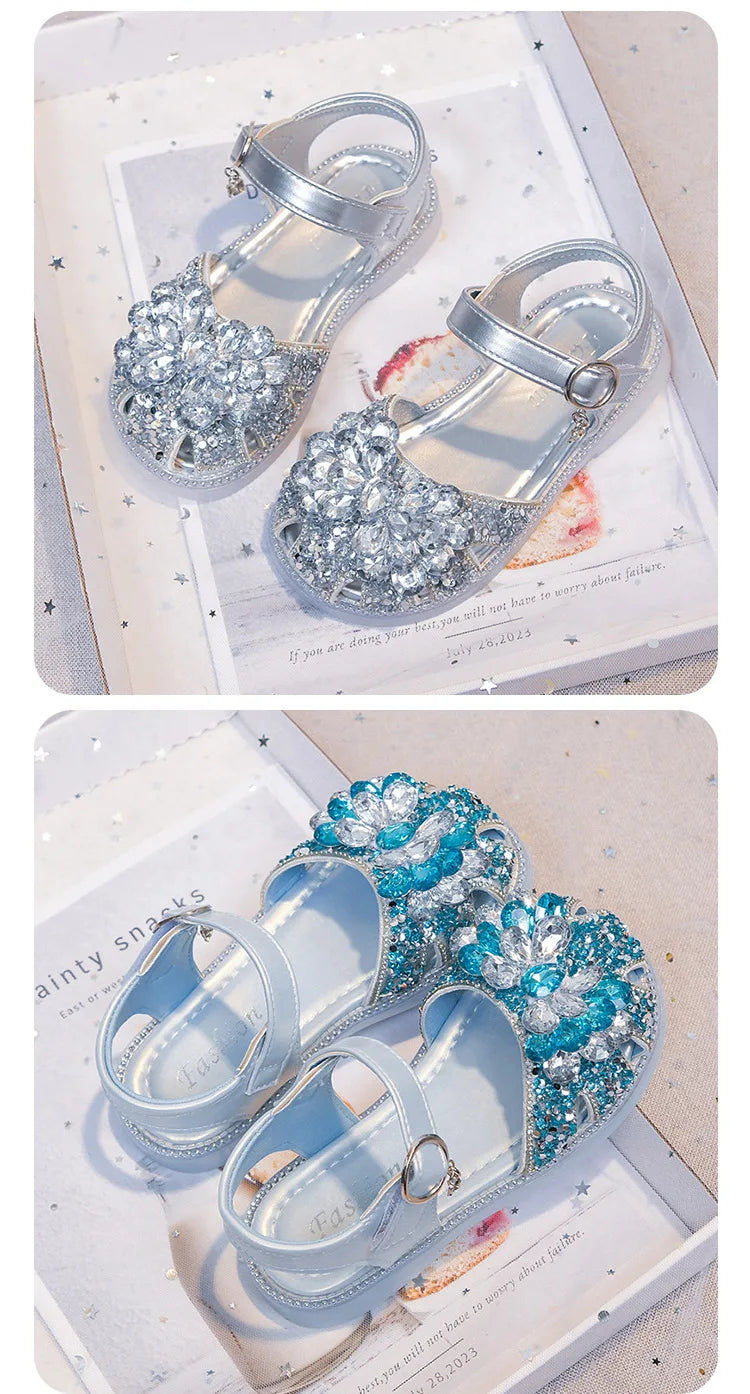 Girls Crystal Slip-On Shoes Soft Bottom Rhinestone Princess Flats Spring Autumn New Style Kids Lightweight Sweet Leather Shoes
