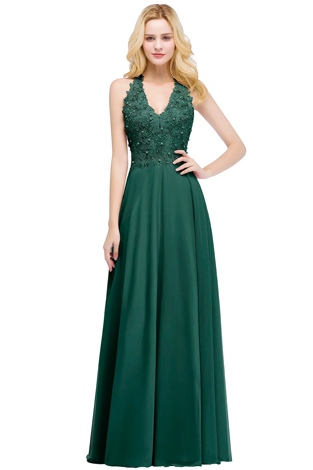Vestido de Madrinha com Gola Halter Renda Pérolas Corpete Saia Longa até o Chão Chiffon Sexy Costas Abertas Roupa de Casamento