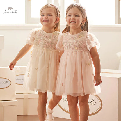 Children's Princess Dress for Girls 2025 New Summer Floral Puff Sleeves Mesh Charm Noble Cute Sweet Party DB2240549