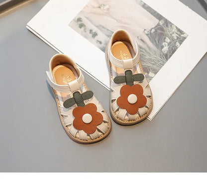 Children's Shoes Girls Sandals Beauty Large Flower Summer New Closed Toe Fashion Soft Bottom Kids Baby Girl Beach Shoes I04254