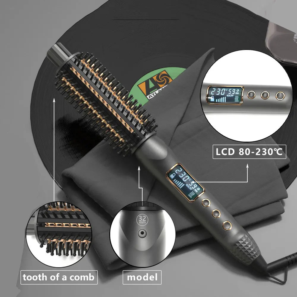3-In-1 Hair Curler Straightener Anti-Scald Curling Iron Brush Ceramic Ionic Hair Heated Round Brush Electric Curling Wand