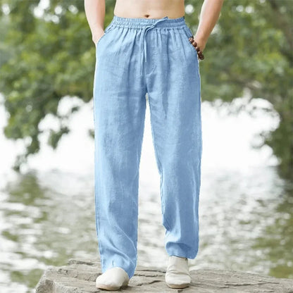 2025 summer men's cotton and linen oversized wide leg pants, men's artistic style elastic waist solid color casual loose pants