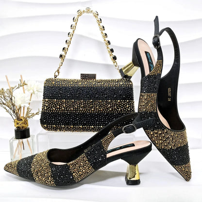 Fashion Nigerian Women Heel Party Ladies Italian Design Green Shoes And Bag Set Decorated with Rhinestone Handbag Wedding Party