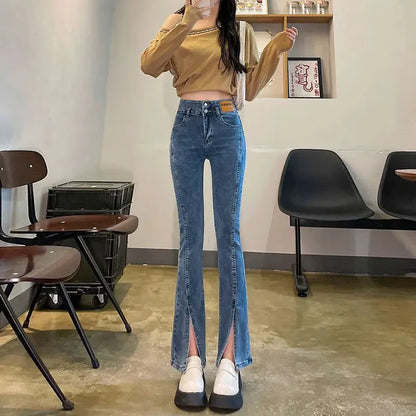 Women Autumn Winter Style High Waist Elastic Dragging Jeans