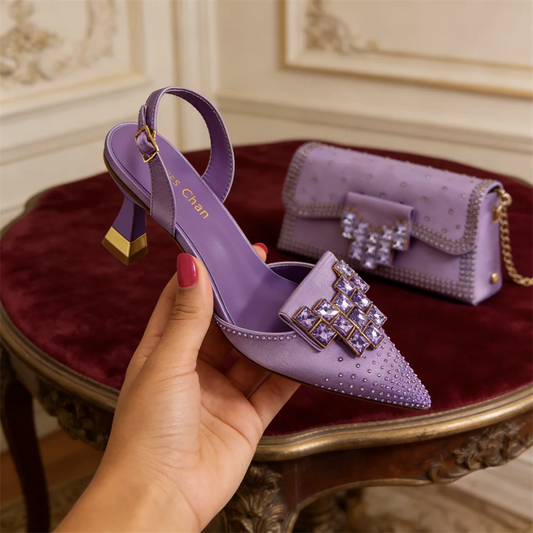 Taro Purple Color Shoes and Bag Elegant Handbags and Medium Heel Shoes Beautiful Handmade Flowers For Wedding Party
