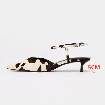 Women Sandals Genuine Leather Summer Women Mid heels Horse Leather Leopard Print Women Sandals Large Size Pointed Toe