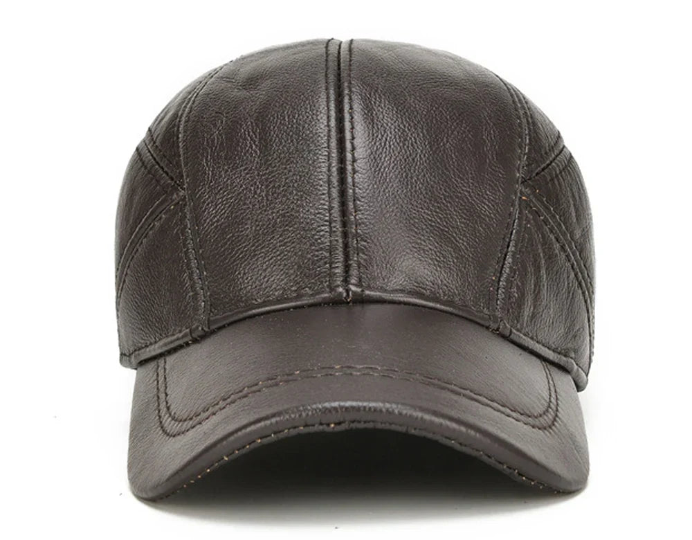New Style Casual Real Leather Earflap Cap Men Real Cowhide Leather Caps Male Fall Winter Genuine Real Cow Leather Baseball Hats