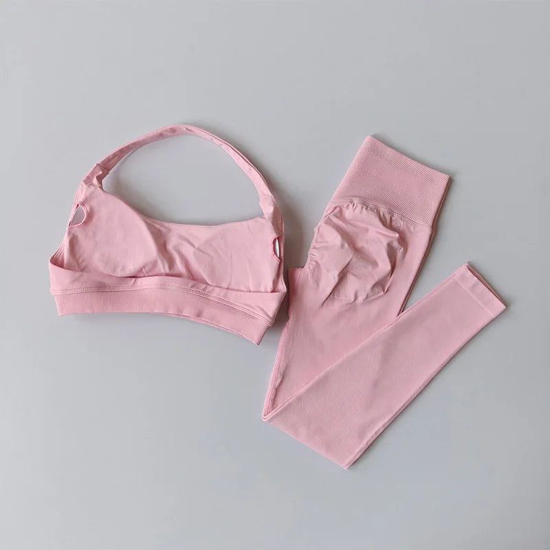 Sports Suit Women's Running 2PCS Set Seamless Yoga Thin Straps Beautiful Back Fitness Bras Gym High-waisted Peach Leggings Sets