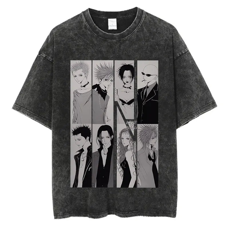 Japanese Anime Nana Osaki Print Vintage Washed Tshirt Harajuku Streetwear Graphic T-Shirt Summer Short Sleeve Cotton Tshirt