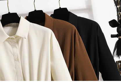 2026 Women's Plus Size Blouse Korean Style Spring Autumn Loose Elegant Casual Mid-length Tops Long Sleeved Waist Cinching Shirts