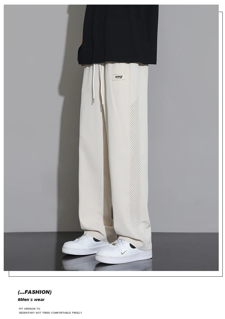 Men's Ice Silk Pants Summer Thin Style Drape Effect Loose Straight Casual Long Pants Trendy Brand Wide‑Leg Sports Pants for Boys