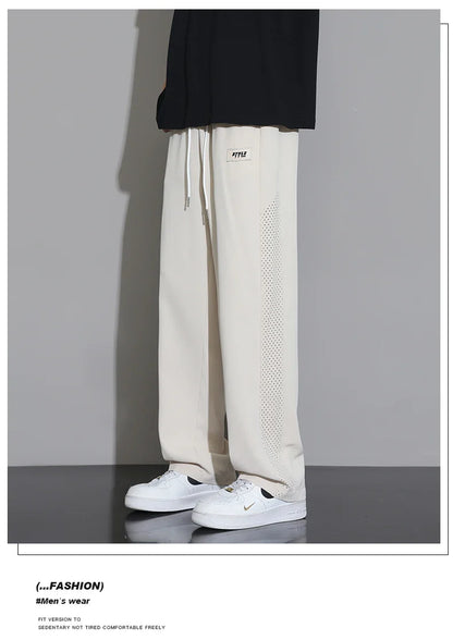 Men's Ice Silk Pants Summer Thin Style Drape Effect Loose Straight Casual Long Pants Trendy Brand Wide‑Leg Sports Pants for Boys