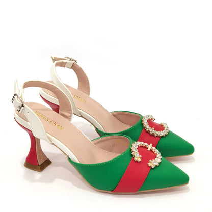 Italian Design Leather Colorblock Pointed Toe High Heel Women's Sandals Fashion Everyday Matching Shoes and Bag Sets
