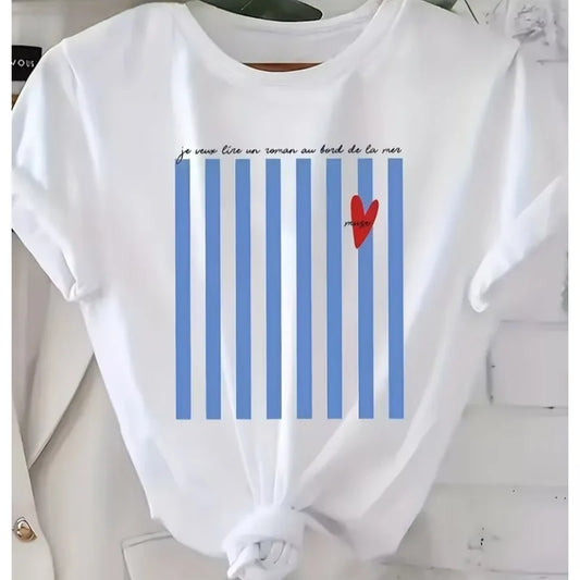 Blue Stripe and Red Heart Graphic T-shirt Spring Summer Loose Fit Womens Tee Casual Shirt Daily Wear Easy Wear Fashion Top