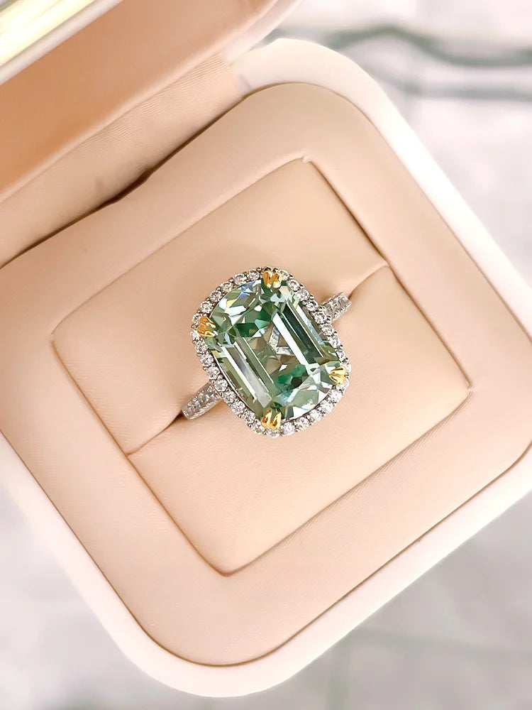 Luxurious light green tourmaline 925 sterling silver ring set with high carbon diamond temperament niche and versatile for women