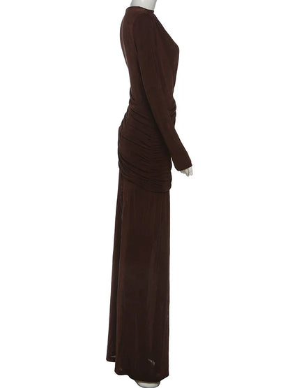 Maxi Dress Women o-Neck Full Sleeve Solid Banquet Elegant Vacation Fashion Autumn Skinny Casual Simple Vestido