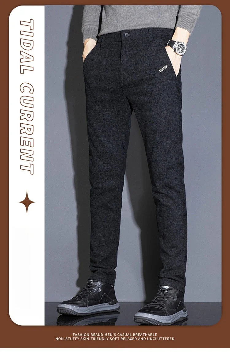 Men's Solid Straight Casual Pants Autumn Woolen Slim Fit Office Pants Vintage Elastic Waist Youth Trousers Everyday Wear