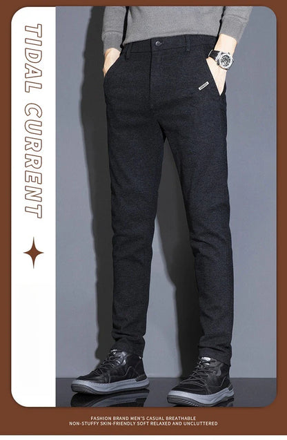 Men's Solid Straight Casual Pants Autumn Woolen Slim Fit Office Pants Vintage Elastic Waist Youth Trousers Everyday Wear