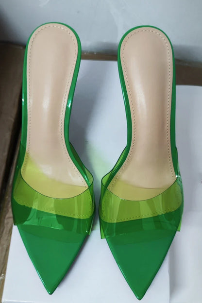 Novas Sandálias Femininas de Salto Alto de Verão Simples Transparentes de Salto Alto, Chinelos de Salto Agulha, Bico Fino, Aberto na Frente, Mules